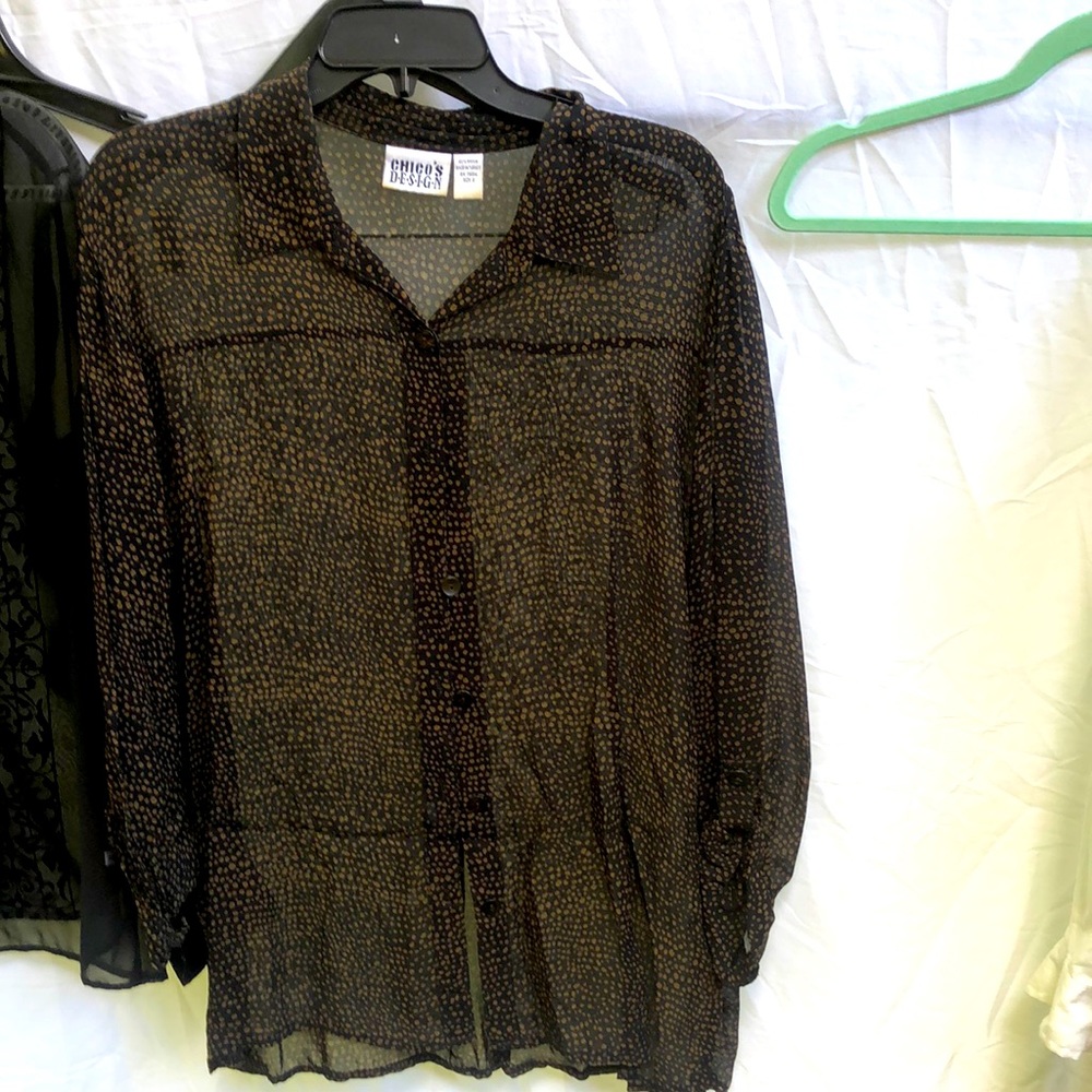 100% Rayon, see through, brown/bleach blouse. Chico’s, size 2